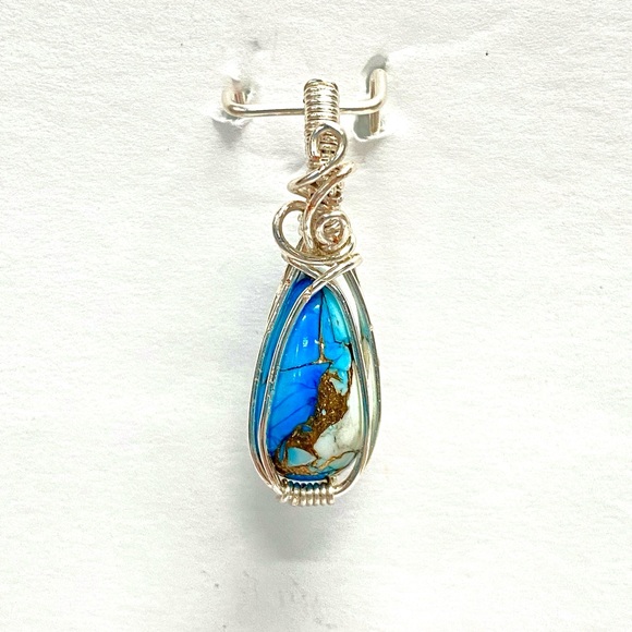 HANDCRAFTED Blue Dahlia Turquoise Composite Cabochon Hand Wrapped Pendant, Gift - Picture 5 of 10